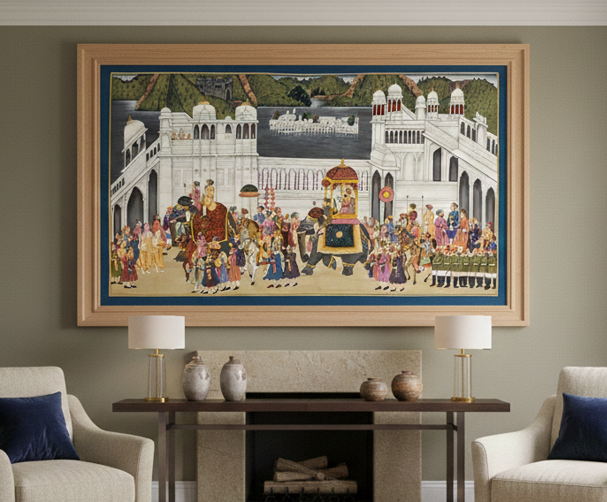 A large, colorful painting depicts a royal procession in Rajasthan, featuring elegantly dressed figures, an ornate elephant, and a grand palace backdrop.