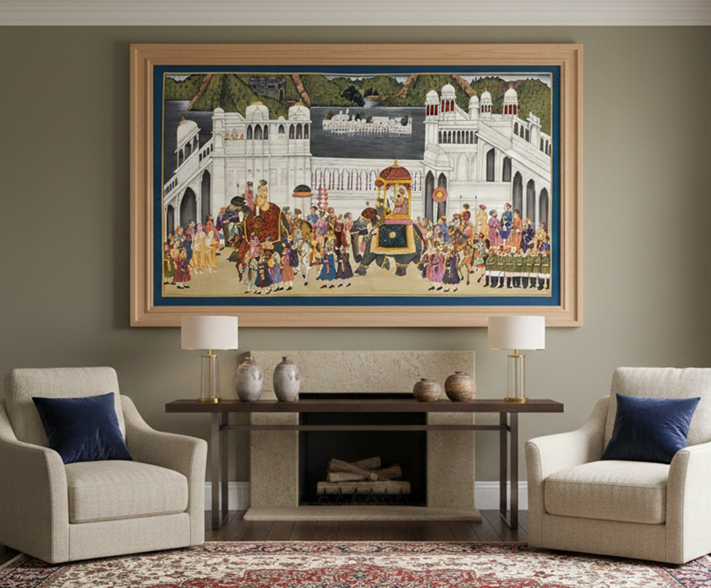 A large, colorful painting depicting a royal procession in Rajasthan hangs above a wooden console table in a cozy living room.