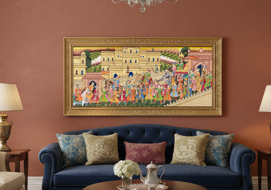 A vibrant Rajasthani painting depicting a royal procession, featuring elegantly dressed figures, musicians, and dancers against a backdrop of ornate buildings.