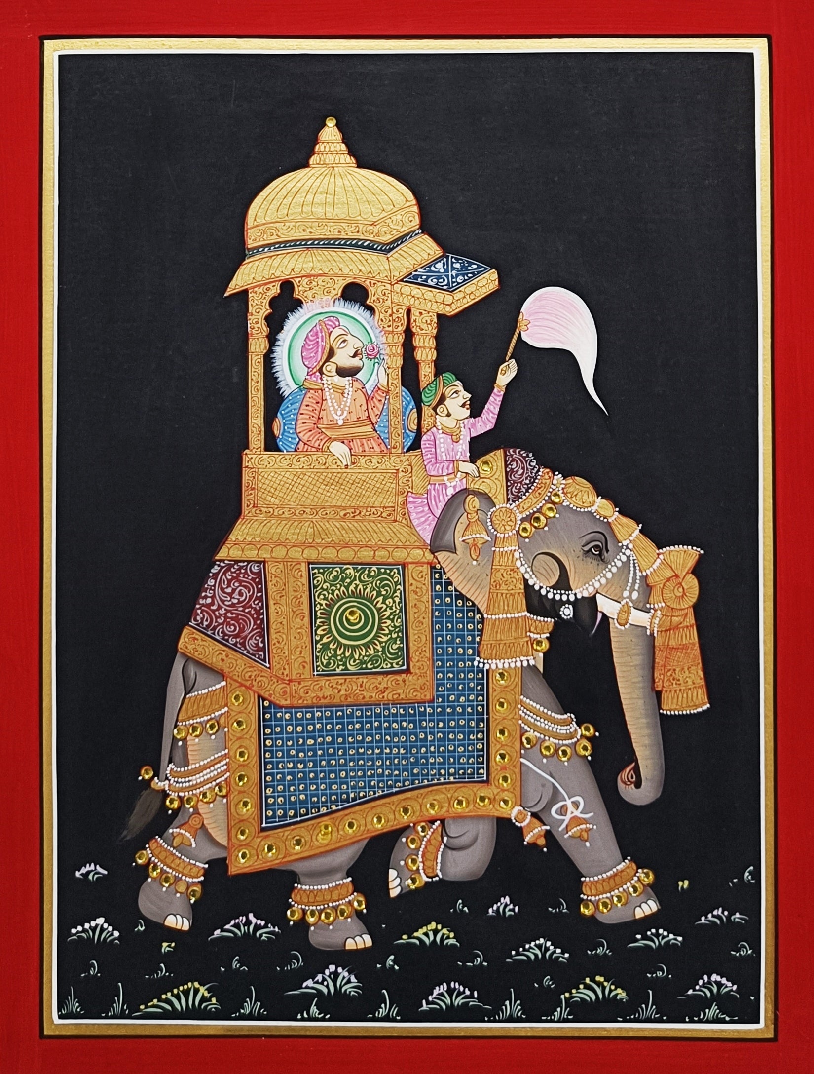 Hand Painted Painting, Indian Maharaja Elephant Safari Painting, Wall Art, Folk Art - Jaipur Earth