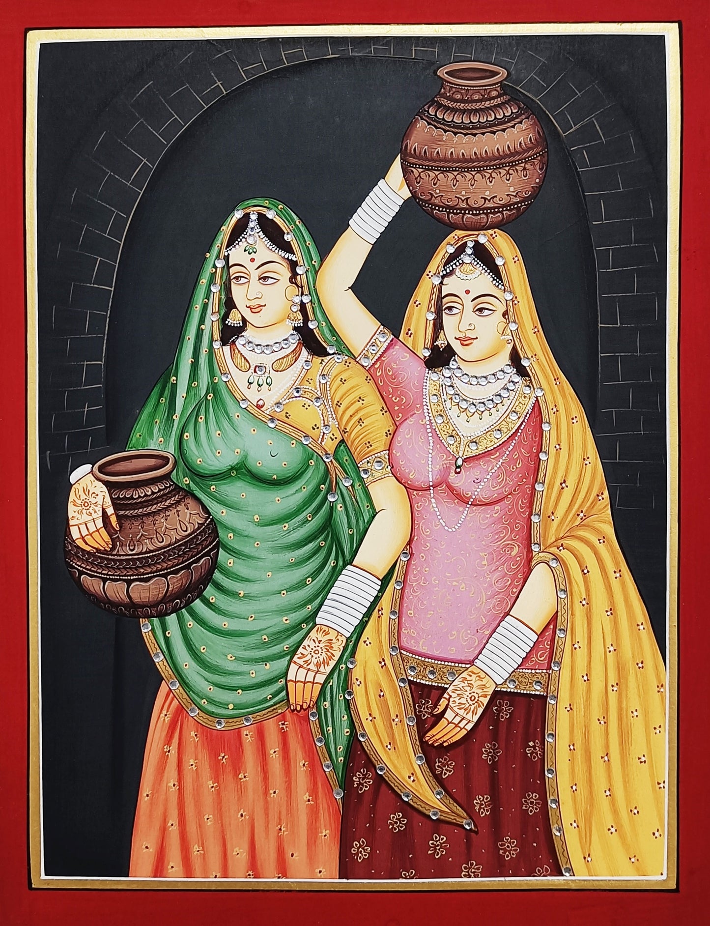 Rajasthani Women Miniature Painting on Paper – Hand-Painted Indian Folk Art – Framed