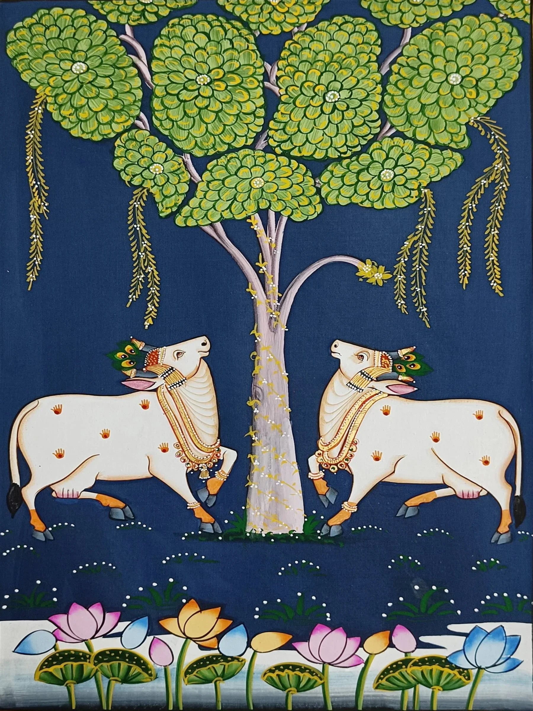 Pichwai Painting Of Cow, Detailed Traditional Indian Pichwai Painting For Home Decor, Wall Decor, Wall Art - Jaipur Earth
