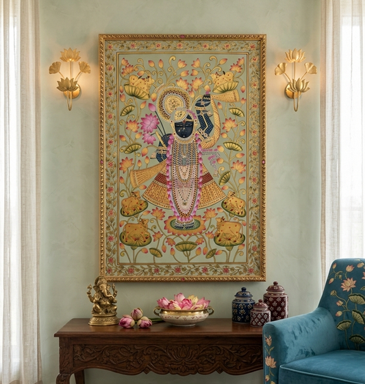 Shrinathji Pichwai Painting, Large Pichwai, Handmade Pichwai Art on cloth Indian Decor, Wall Art, Home Decor Gift