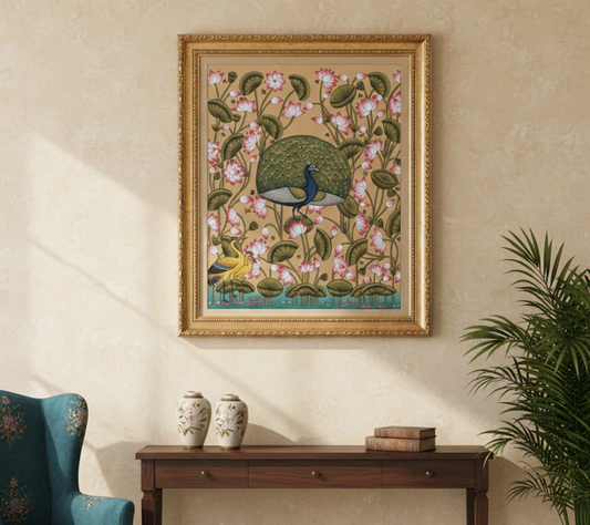 Peacock & Lotus Pond Pichwai Painting Wall Decor Kamal Talai Handmade Floral Design, home Decor Painting