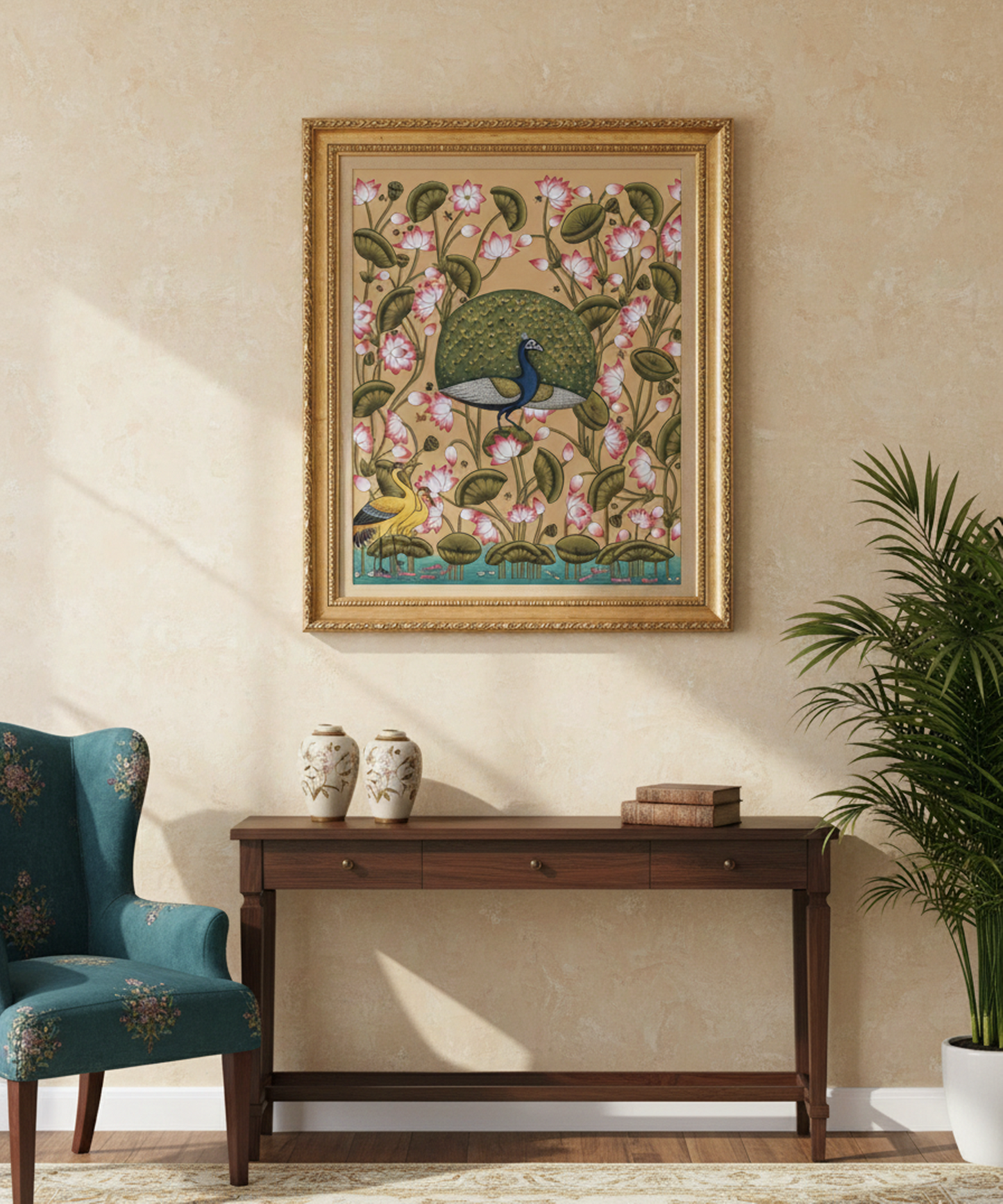 Peacock & Lotus Pond Pichwai Painting Wall Decor Kamal Talai Handmade Floral Design, home Decor Painting