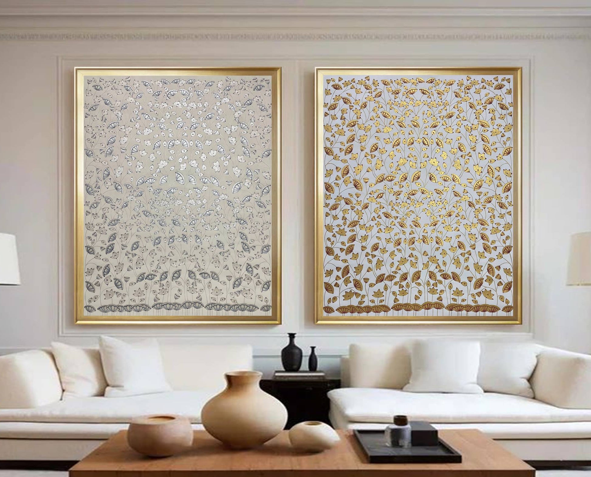 Elegant living room with two framed Pichwai paintings featuring intricate floral designs