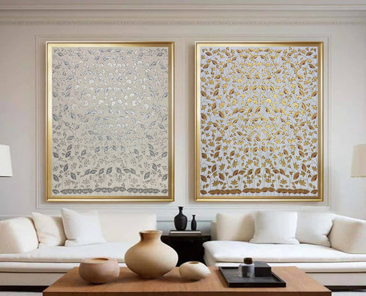 Elegant living room with two framed Pichwai paintings featuring intricate floral designs