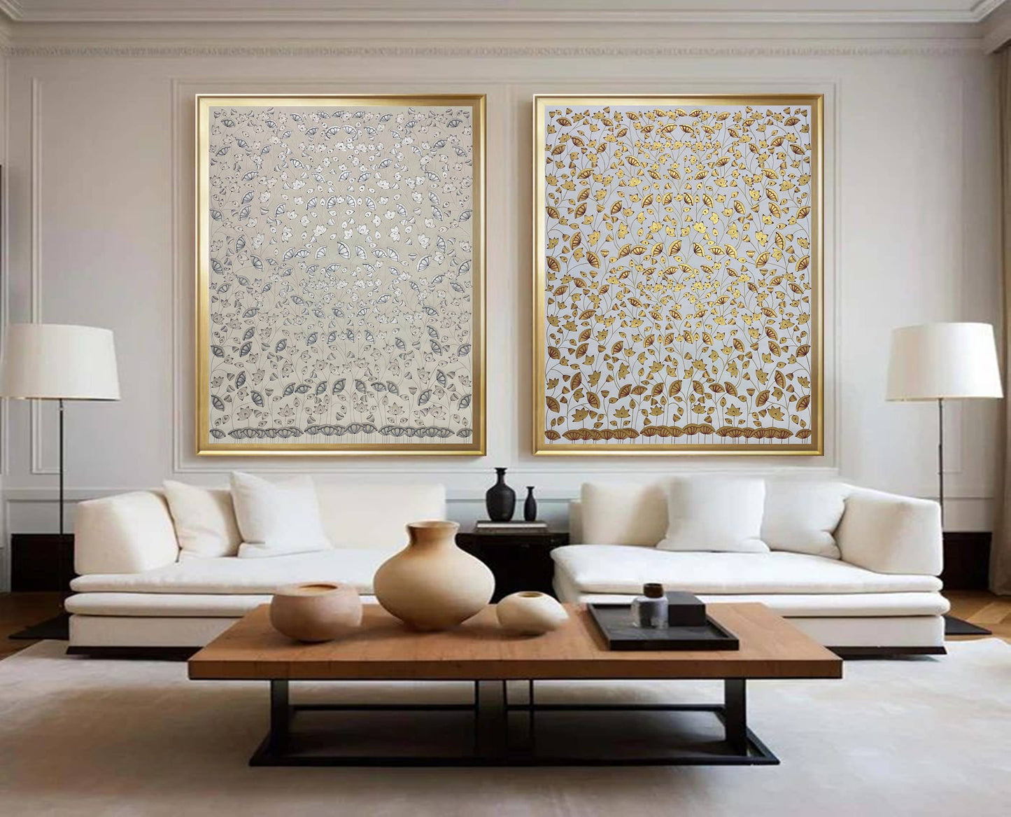Modern living room with two large framed Pichwai paintings, floral motifs, neutral decor