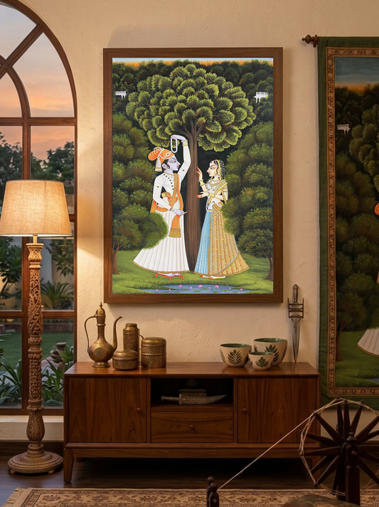 Radha Krishna alongside Yamuna River Pichwai Handmade Painting On Fabric, Home Decor, wall decor