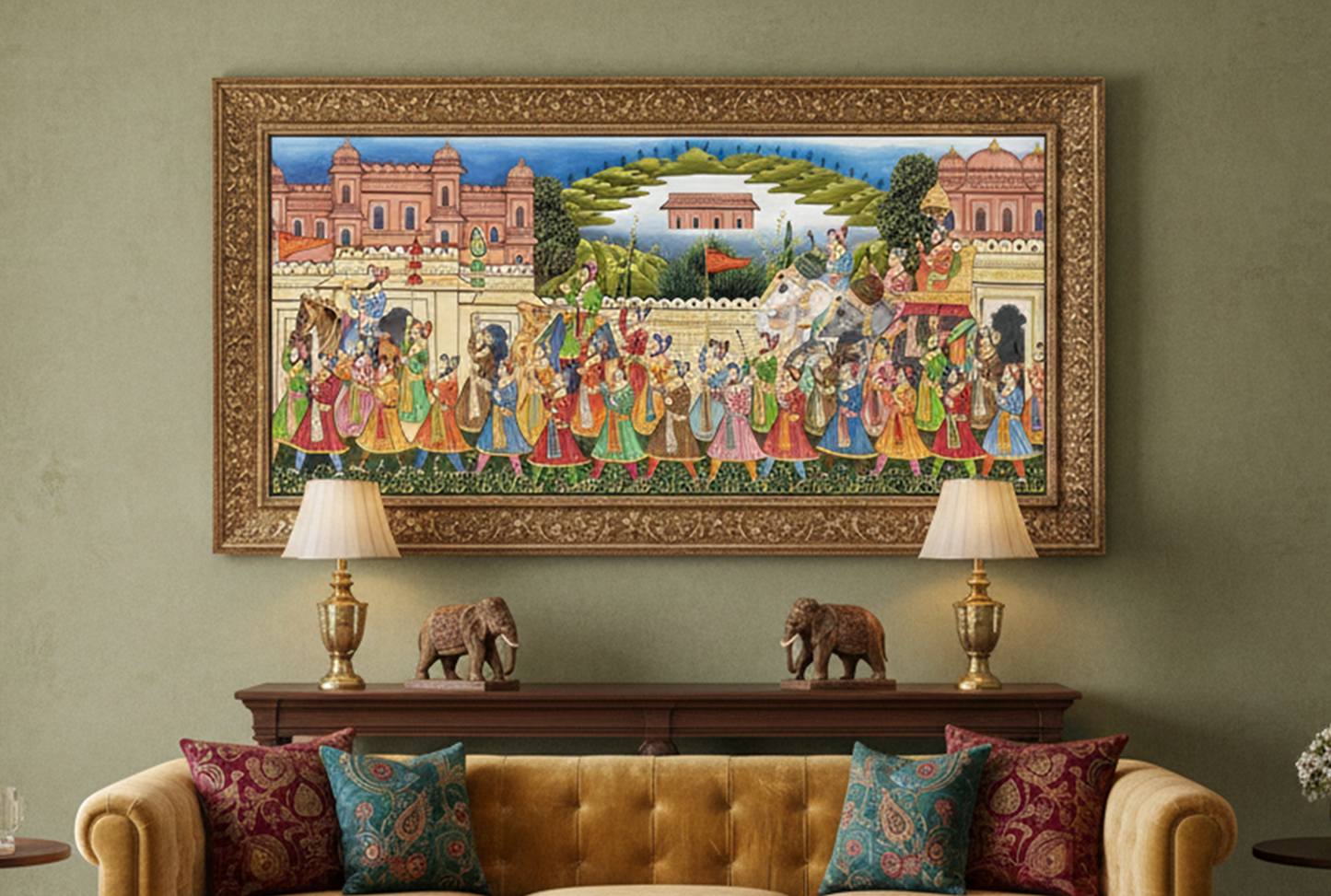 A vibrant hand-painted Rajasthani artwork depicting a royal procession, featuring elegantly dressed figures, elephants, and intricate architecture.