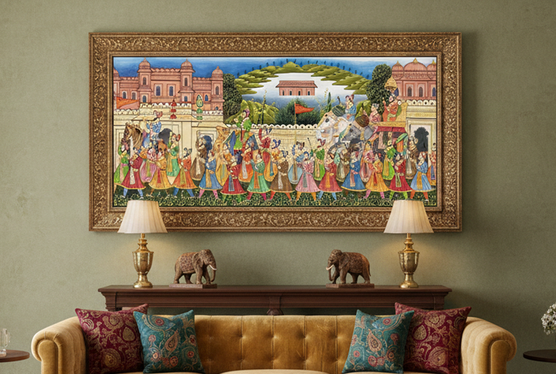 A vibrant hand-painted Rajasthani artwork depicting a royal procession, featuring elegantly dressed figures, elephants, and intricate architecture.
