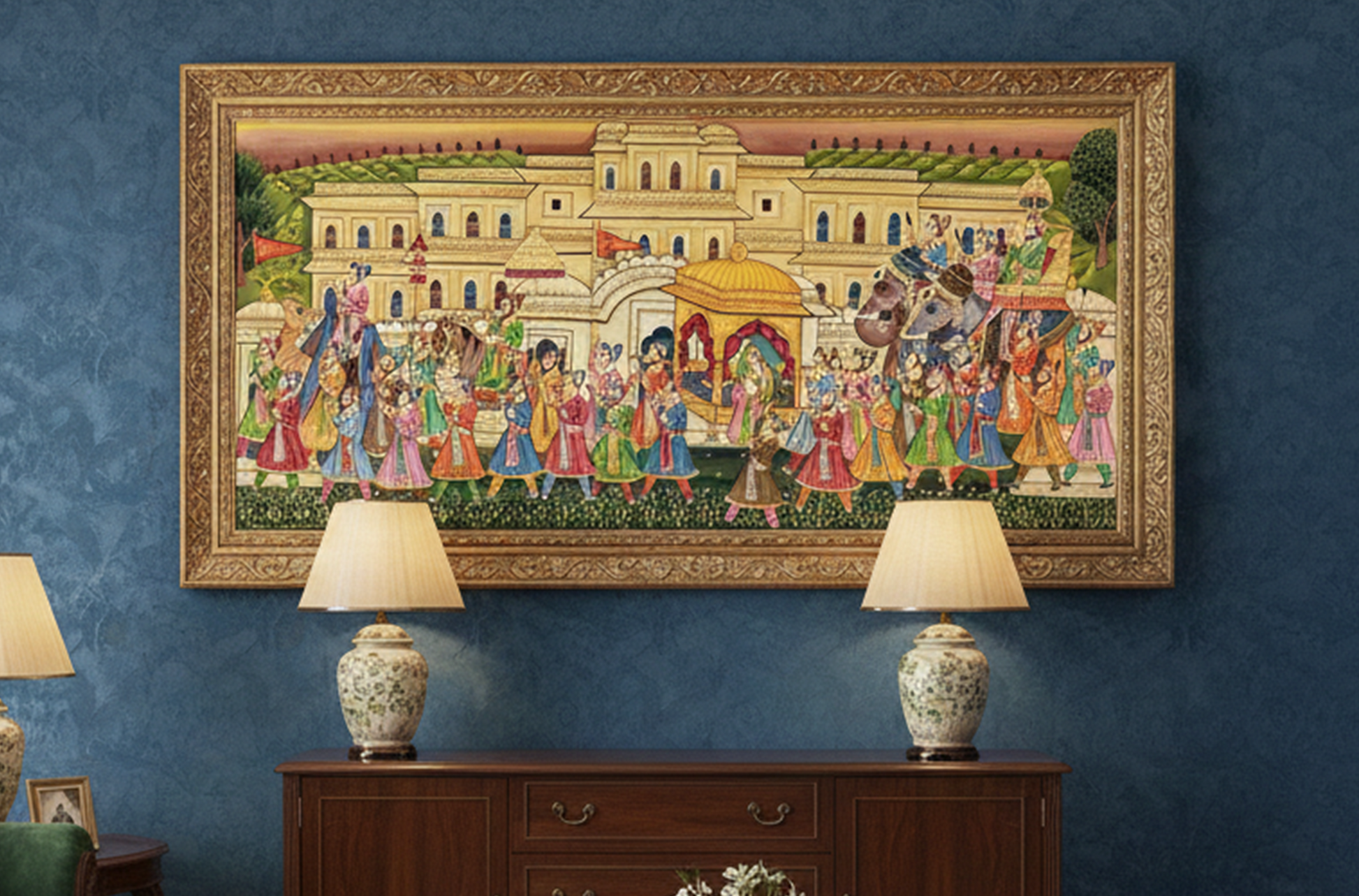 A vibrant Rajasthani painting depicting a royal procession, featuring elegantly dressed figures, horses, and ornate architecture.