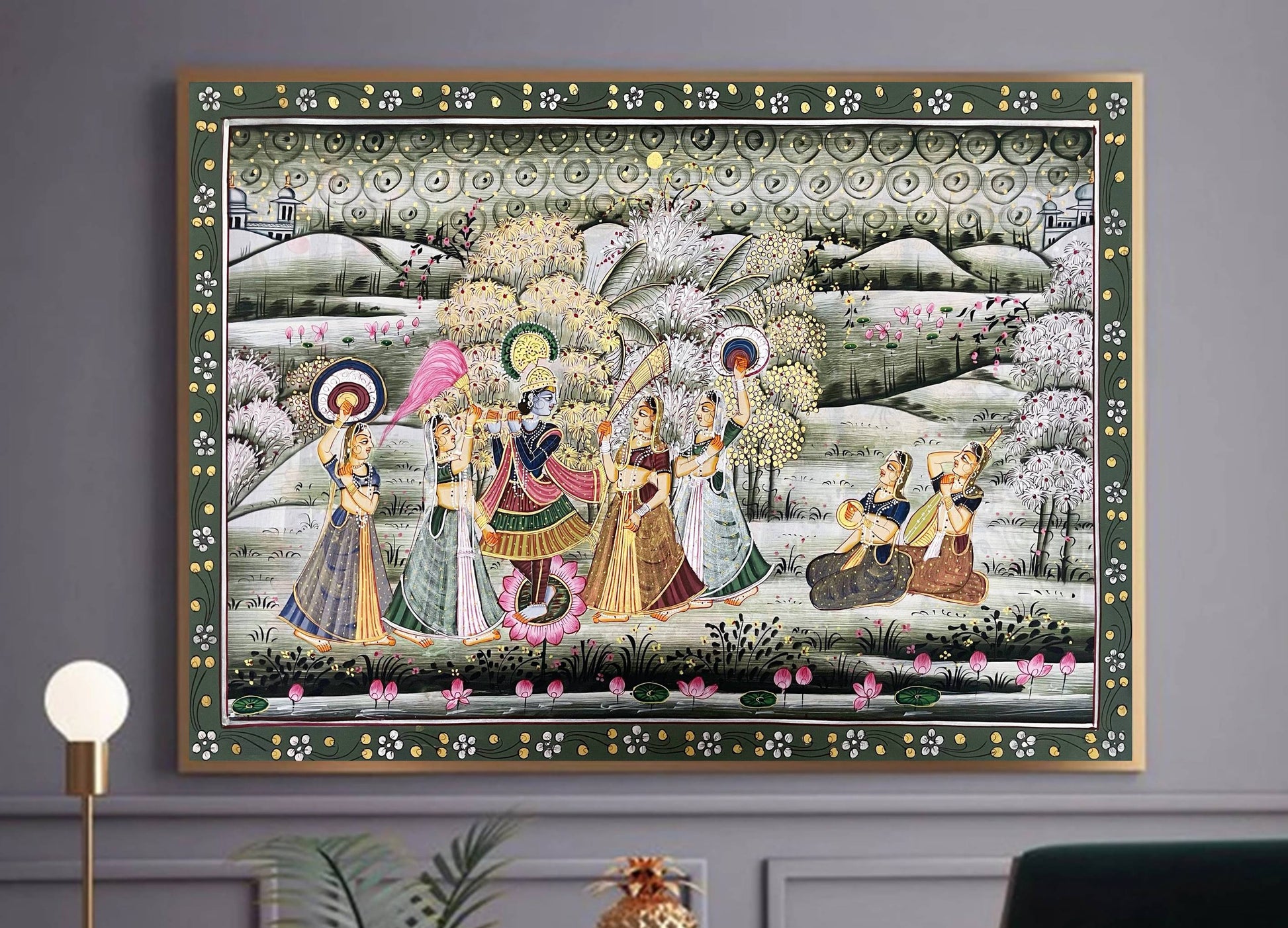 Radha Krishna Detailed Pichwai Handmade Painting on Fabric Krishna Painting, Wall art, Home Decor - Jaipur Earth