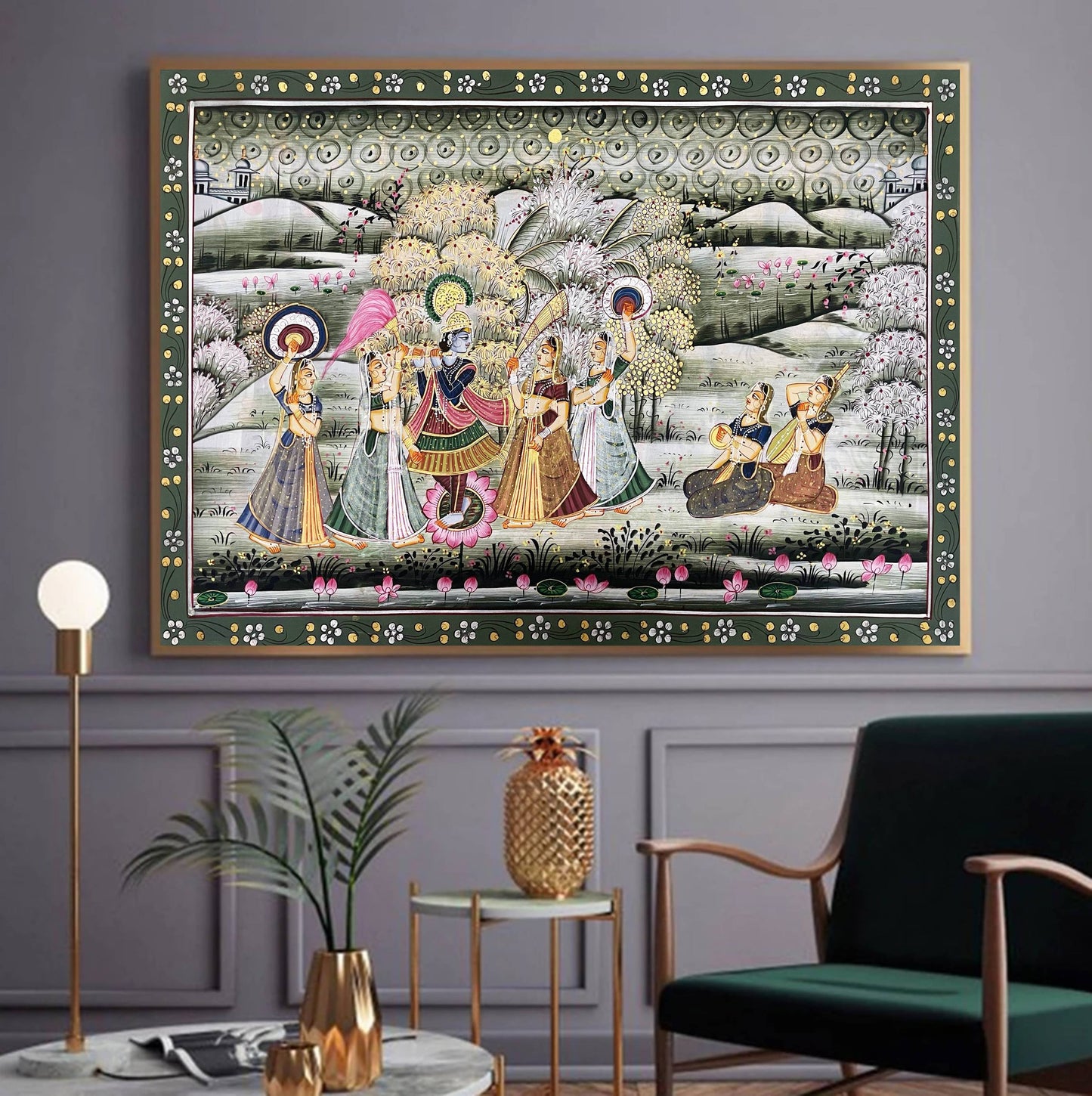 Radha Krishna Detailed Pichwai Handmade Painting on Fabric Krishna Painting, Wall art, Home Decor - Jaipur Earth