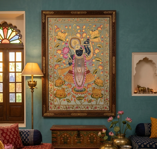 Shrinathji Pichwai Painting, Large Pichwai, Handmade Pichwai Art on cloth Indian Decor, Wall Art, Home Decor Gift