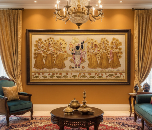 Shreenathji and Lotus Pichwai Art Painting For Home Decor, Traditional Handmade Wall Painting Of Beautiful Shri Nath Ji In Kamal Talai