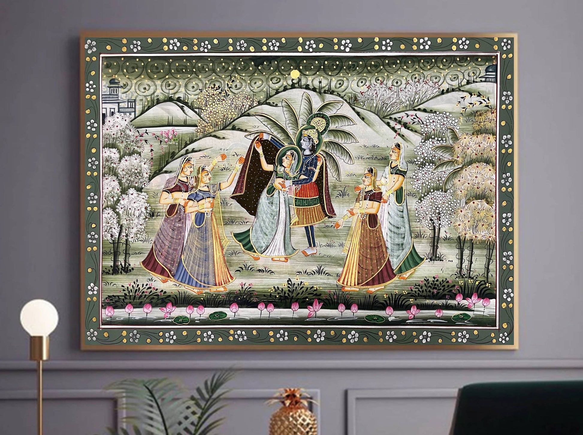 Radha Krishna Detailed Pichwai Handmade Painting on Fabric Krishna Painting, Wall art, Home Decor - Jaipur Earth