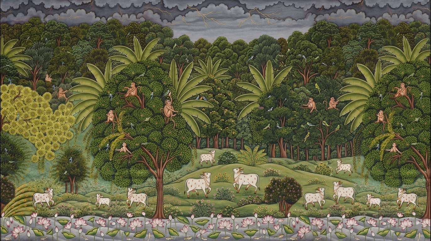 Jungle Theme Pichwai Painting – Handmade Traditional Nathdwara Forest Art, Animal & Nature Pichwai for Wall Decor