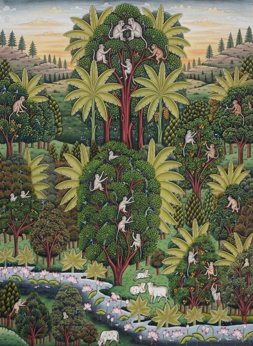 Traditional Jungle Pichwai Painting – Handmade Indian Forest Scene Art on Cloth, Nature Inspired Wall Decor