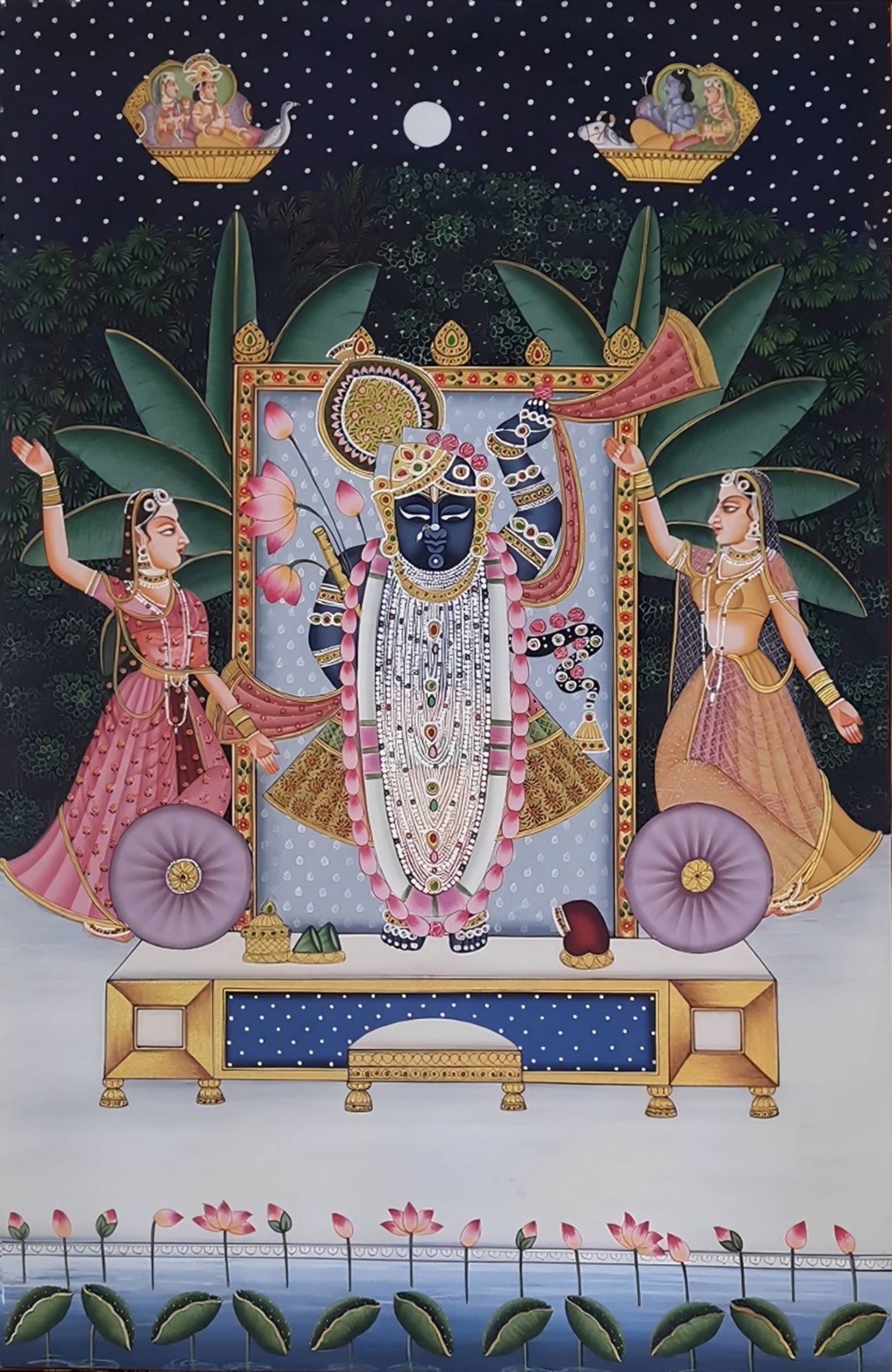 Shreenathji Pichwai Painting, Wall Decor, Natural Stone color on cloth Indian Decor Paintings, Wall art, Home decor - Jaipur Earth