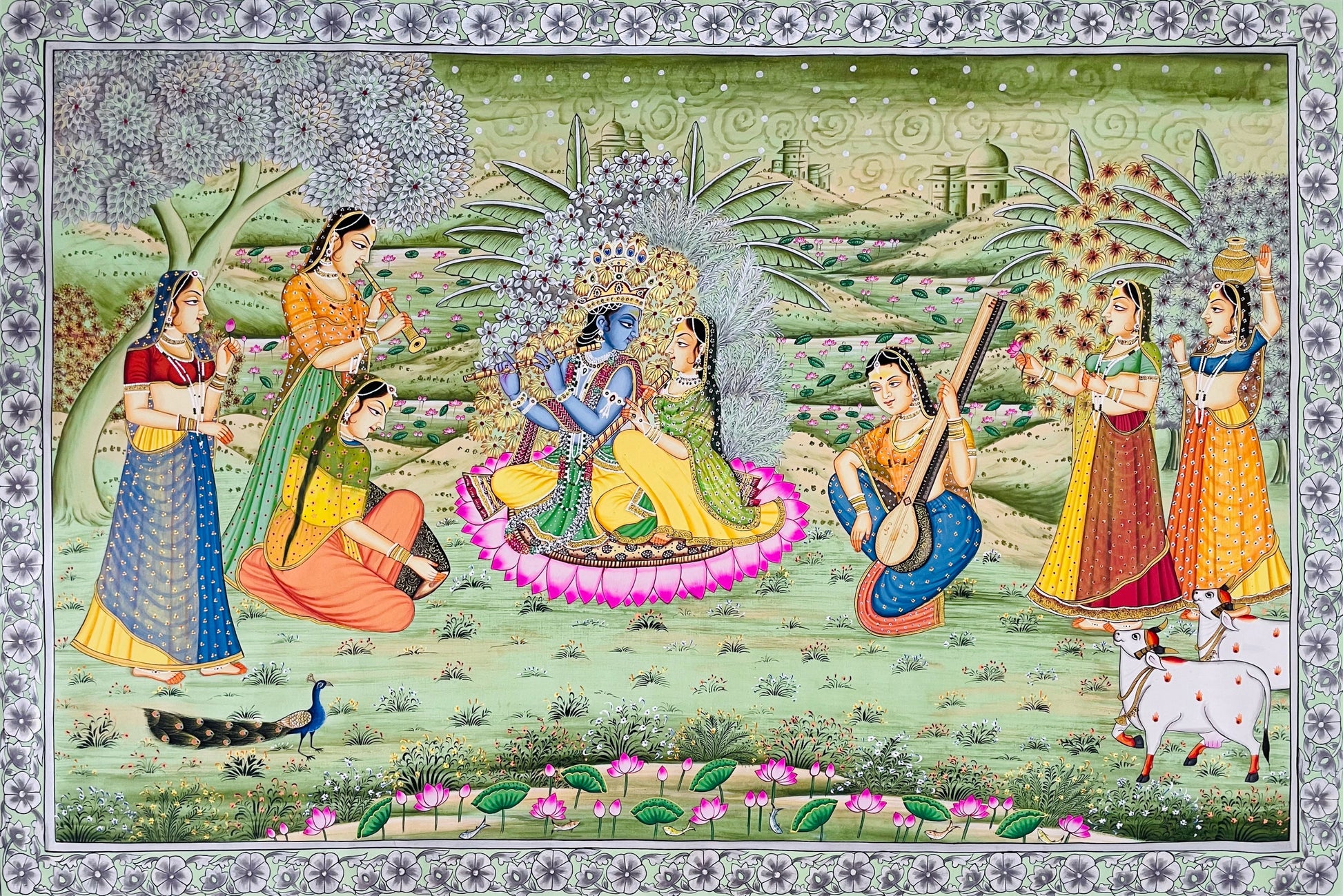 Radha Krishna Detailed Pichwai Handmade Painting on Fabric Krishna Painting, Wall art, Home Decor - Jaipur Earth