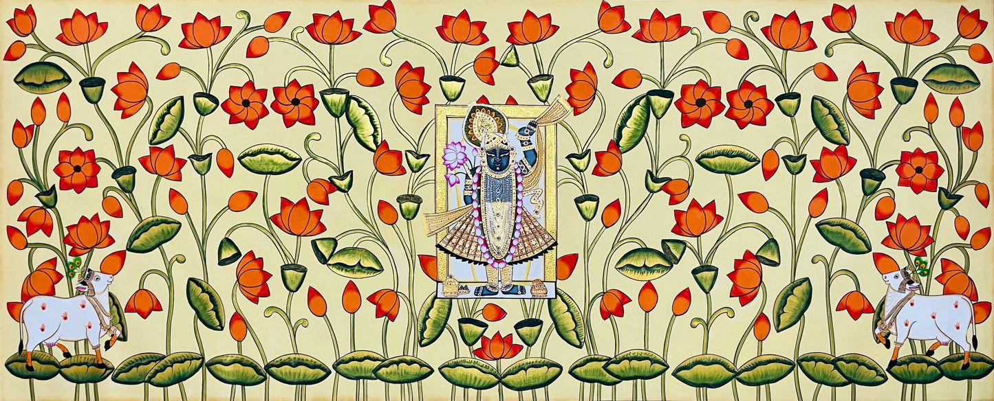 Hand-painted Pichwai artwork featuring Krishna, lotus flowers, and decorated cows