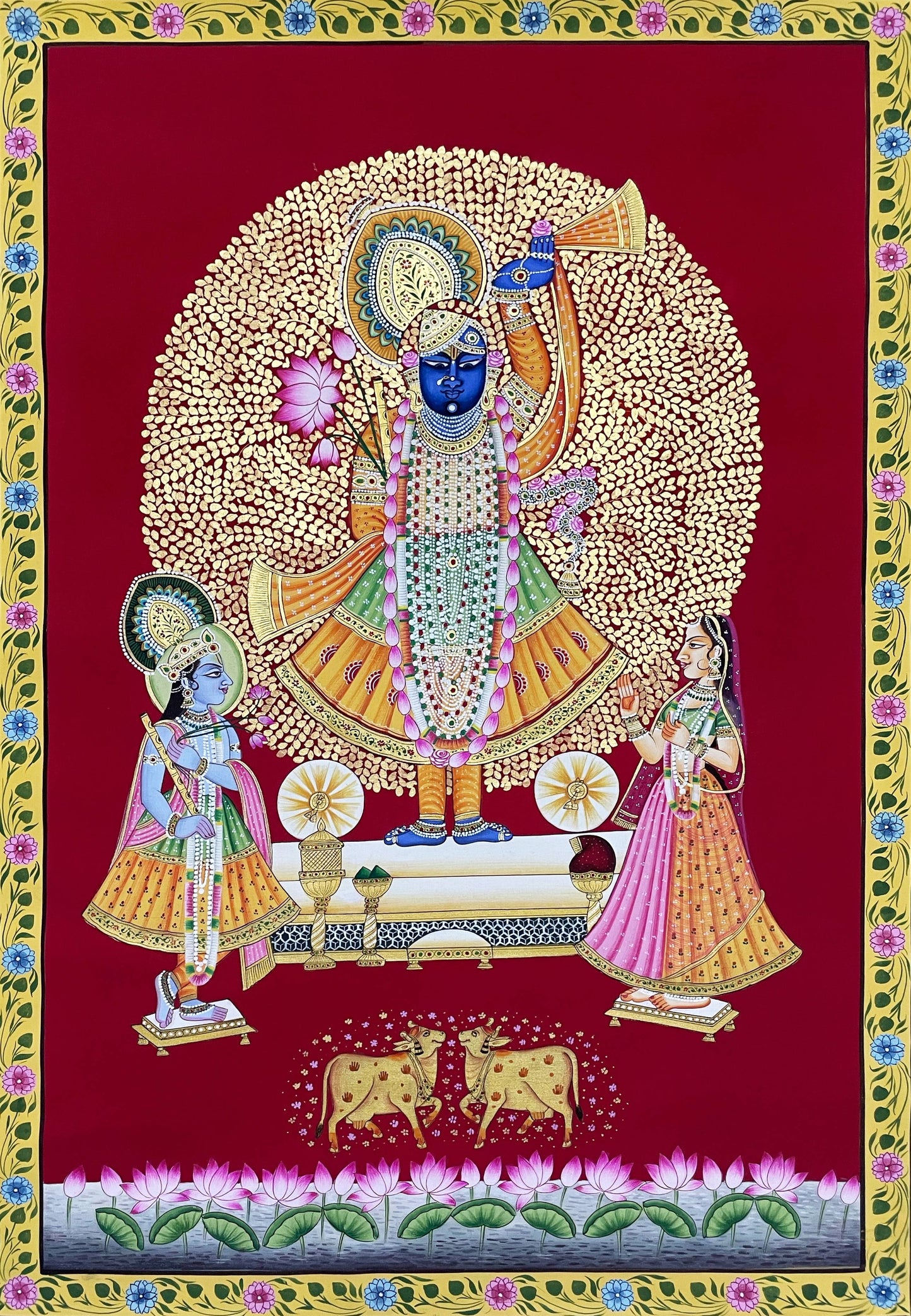 Shreenathji and Lotus Pichwai Art Painting For Home Decor, Traditional Handmade Wall Painting Of Beautiful Shri Nath Ji In Kamal Talai - Jaipur Earth
