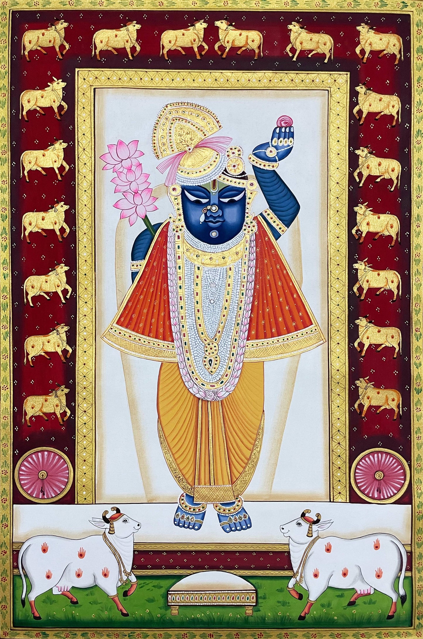 Shreenathji and Lotus Pichwai Art Painting For Home Decor, Traditional Handmade Wall Painting Of Beautiful Shri Nath Ji In Kamal Talai - Jaipur Earth