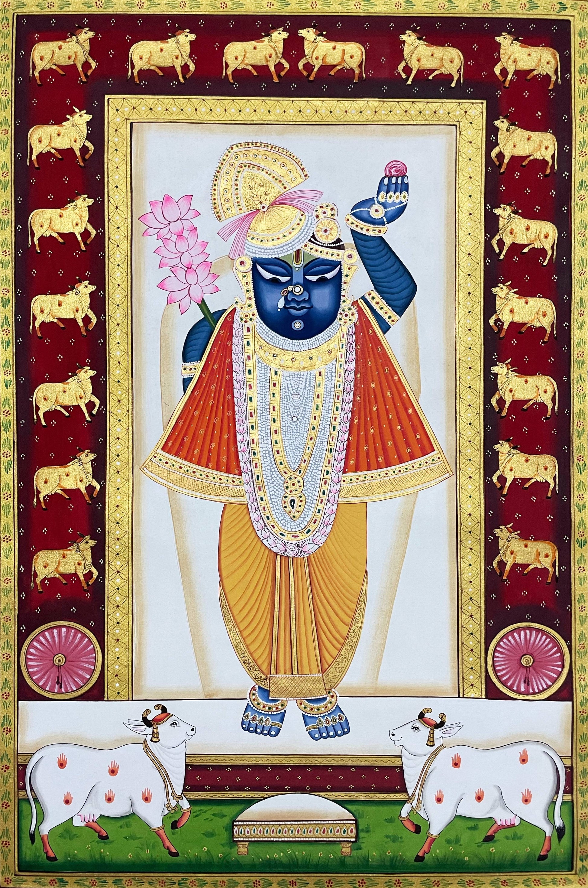 Shreenathji and Lotus Pichwai Art Painting For Home Decor, Traditional Handmade Wall Painting Of Beautiful Shri Nath Ji In Kamal Talai - Jaipur Earth