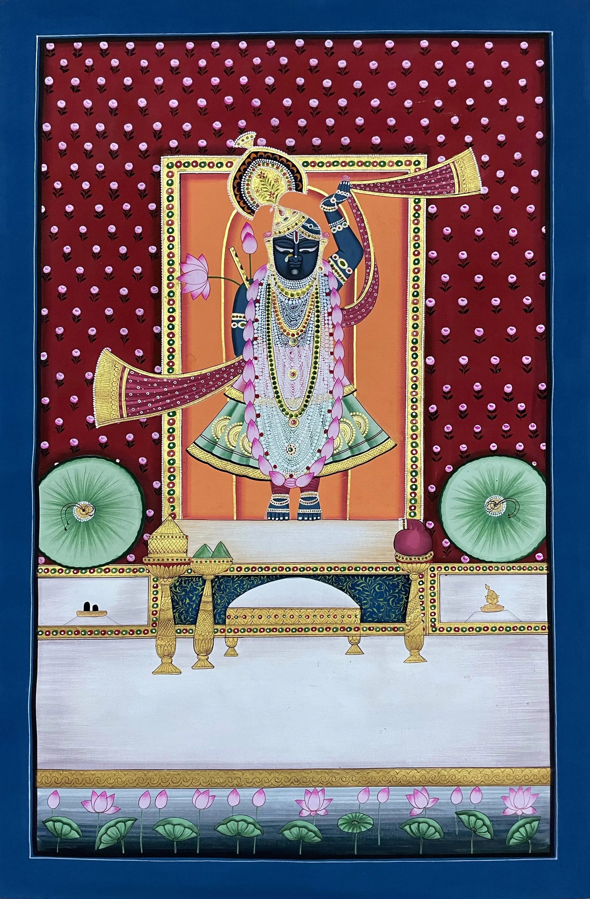 Shreenathji and Lotus Pichwai Art Painting For Home Decor, Traditional Handmade Wall Painting Of Beautiful Shri Nath Ji In Kamal Talai - Jaipur Earth
