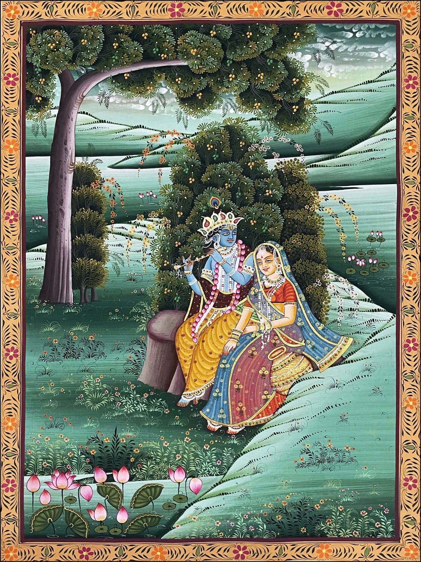 Radha Krishna Detailed Pichwai Handmade Painting on Fabric Krishna Painting, Wall art, Home Decor - Jaipur Earth