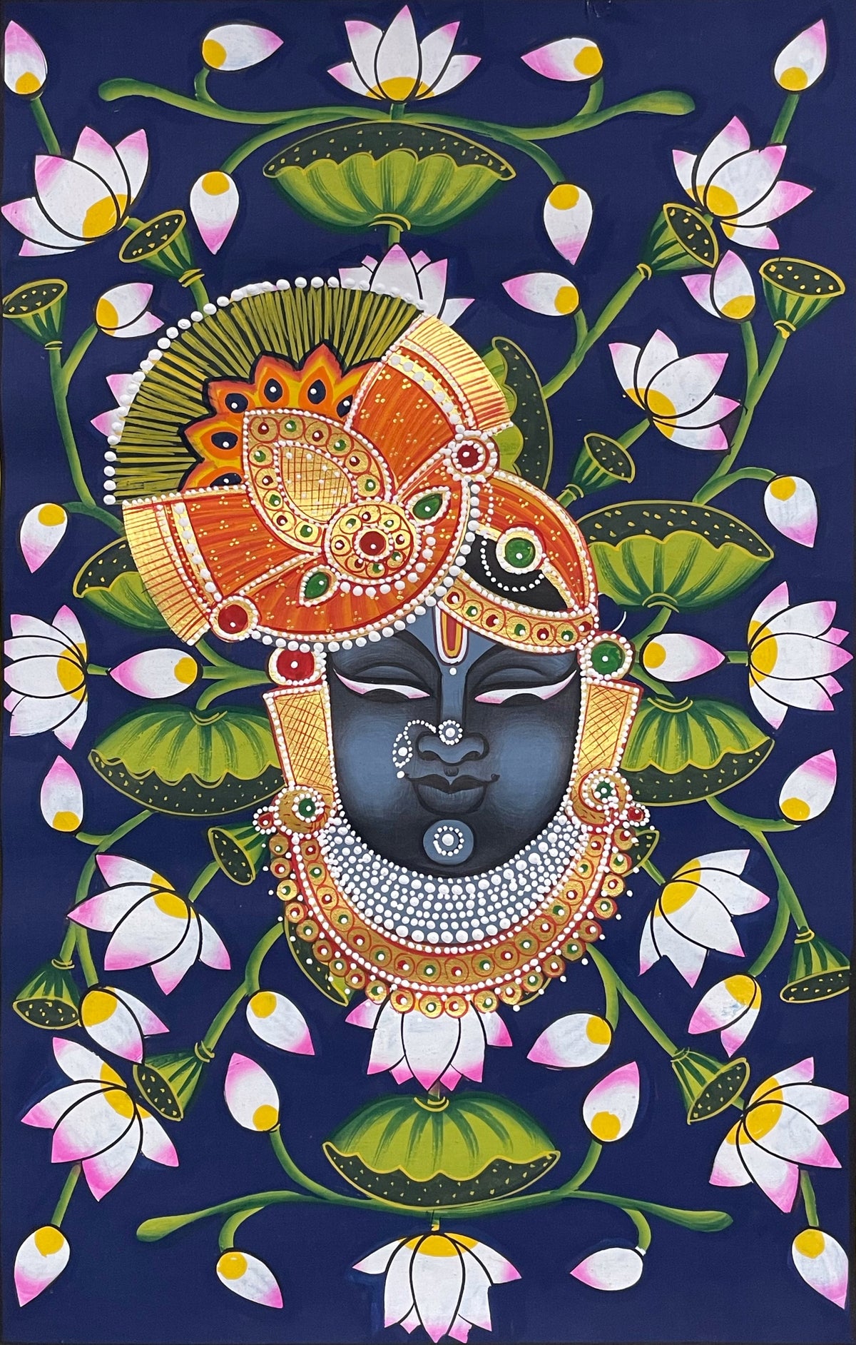 Framed Shrinathji Pichwai Painting Set of 3, Cow Pichwai Art, Hand Painted Fabric, Indian Home Decor