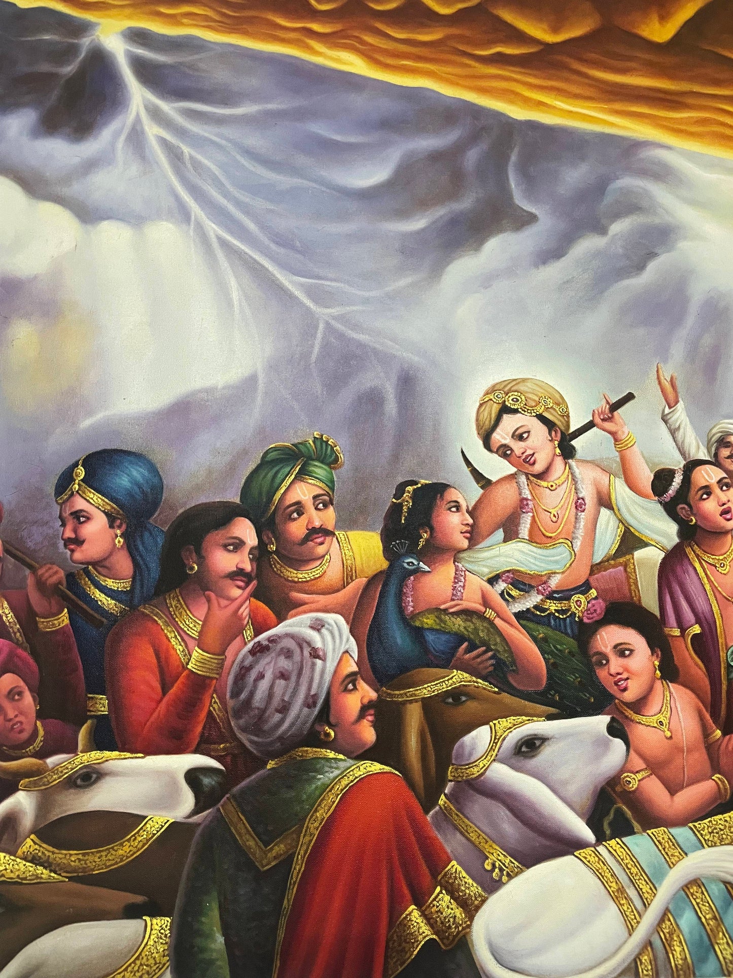 Krishna Lifting Mount Govardhan Handmade oil Painting On Canvas, Large Original Krishna Childhood Scene Wall Hanging Home Decorative Art