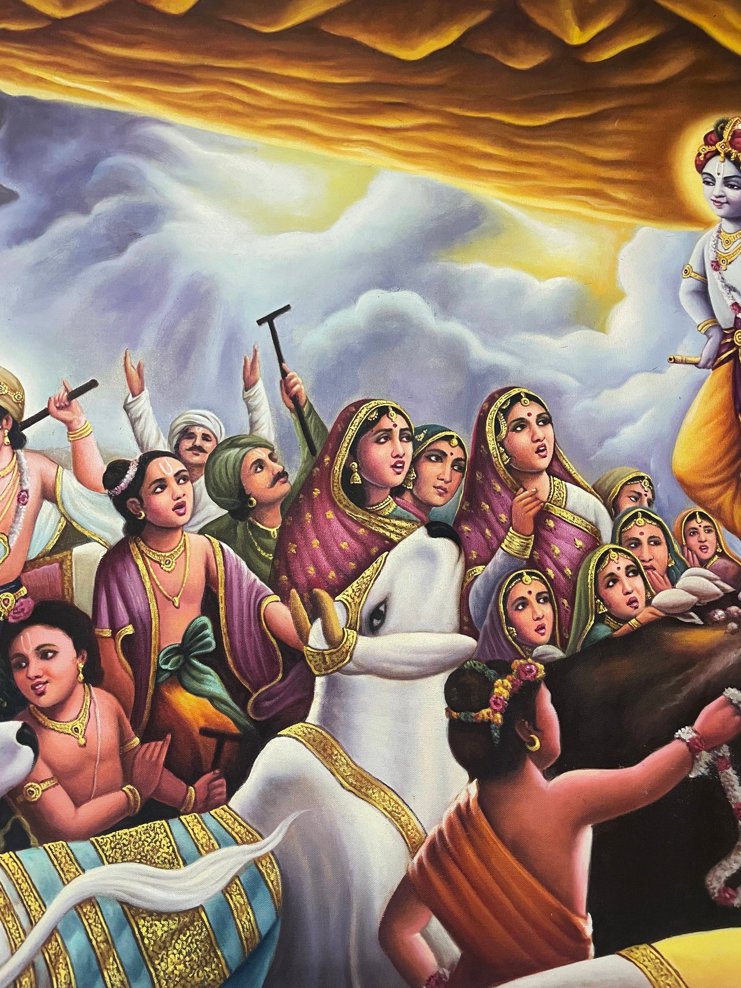 Krishna Lifting Mount Govardhan Handmade oil Painting On Canvas, Large Original Krishna Childhood Scene Wall Hanging Home Decorative Art