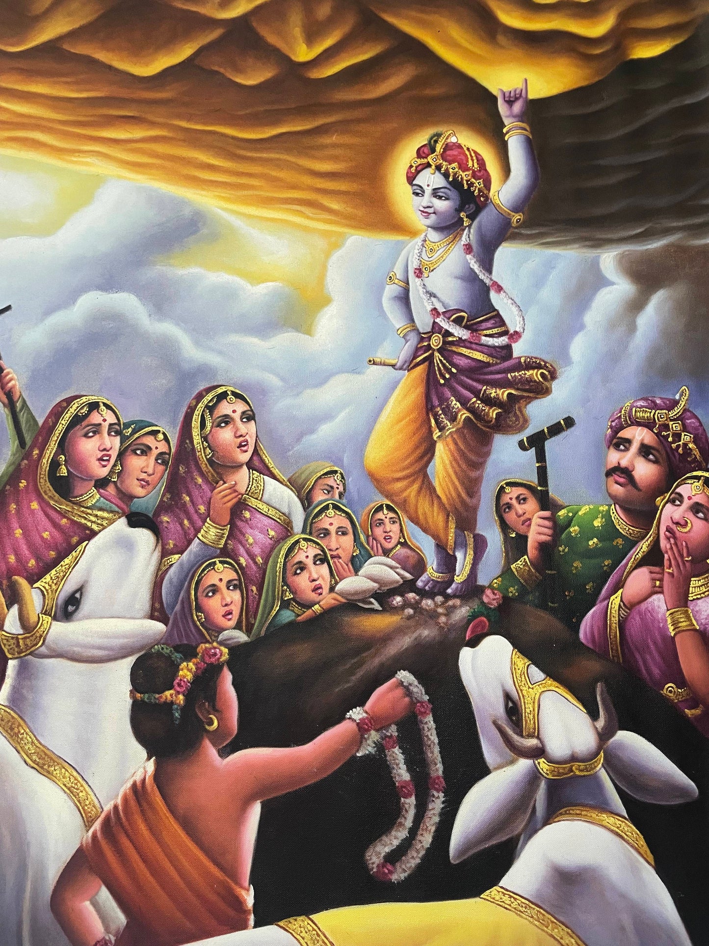 Krishna Lifting Mount Govardhan Handmade oil Painting On Canvas, Large Original Krishna Childhood Scene Wall Hanging Home Decorative Art