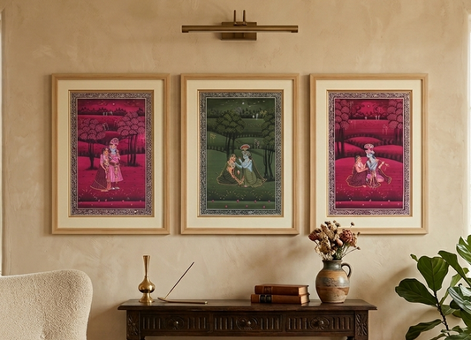 Set of 3 Framed Radha Krishna Detailed Handmade Pichwai Painting – Framed Wall Art for Home Décor