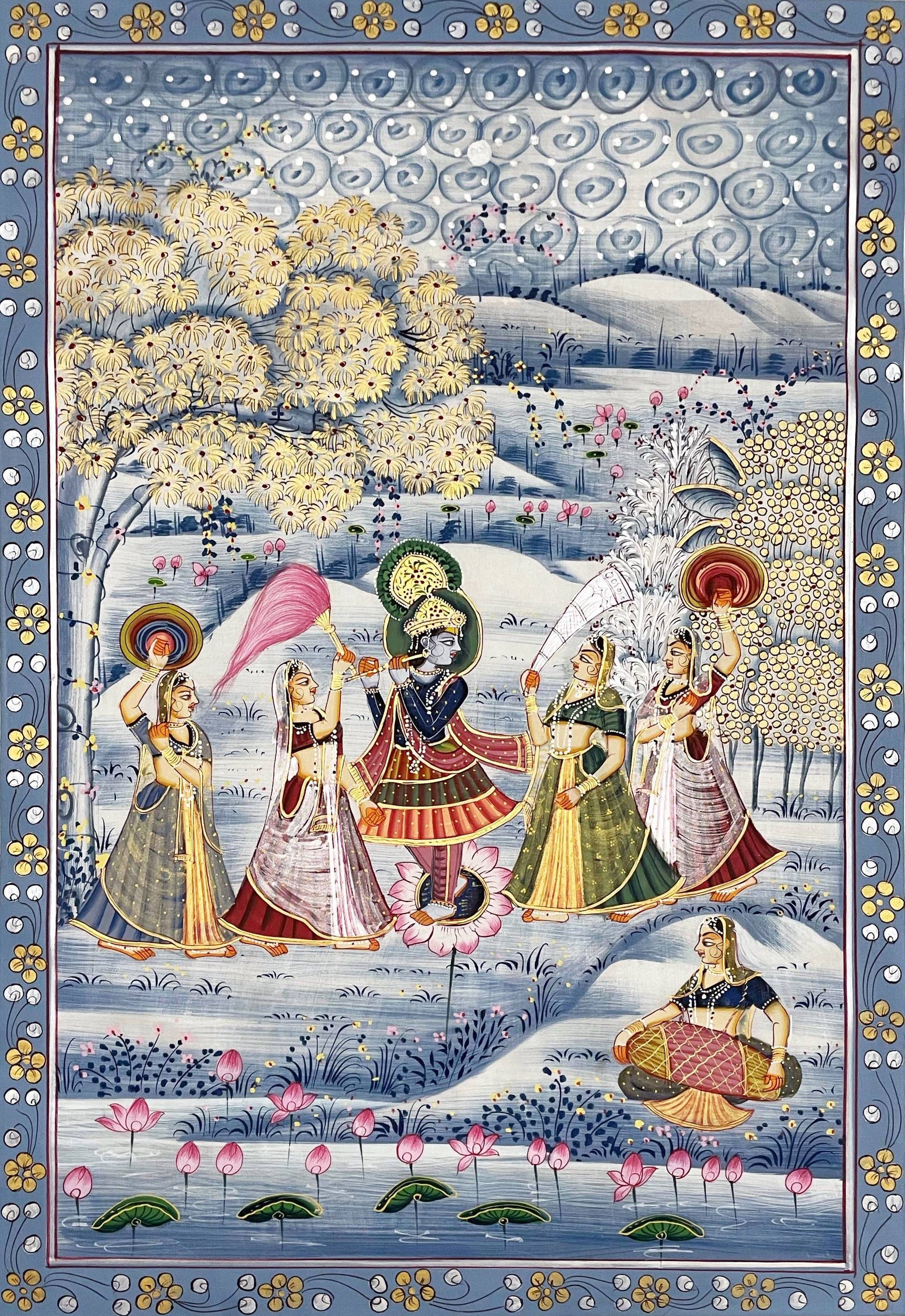 Radha Krishna Detailed Pichwai Handmade Painting on Fabric Krishna Painting, Wall art, Home Decor - Jaipur Earth