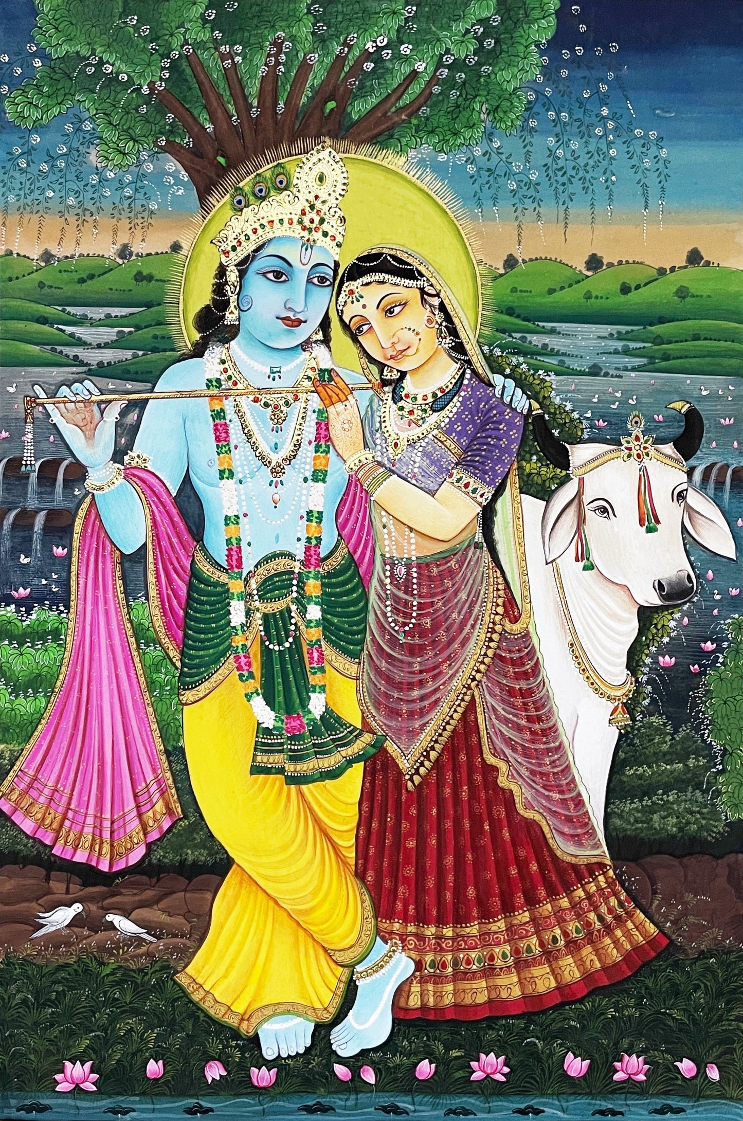 Radha Krishna Detailed Pichwai Handmade Painting- framed