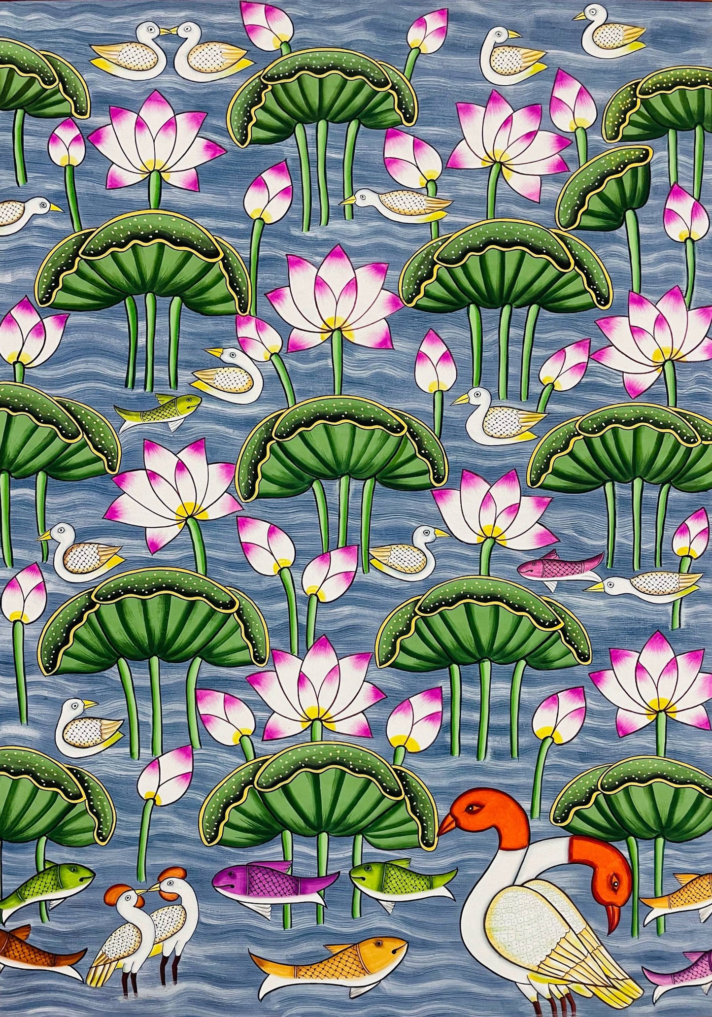 Lotus Pond Indian Pichwai Painting | Handmade Indian Wall Art