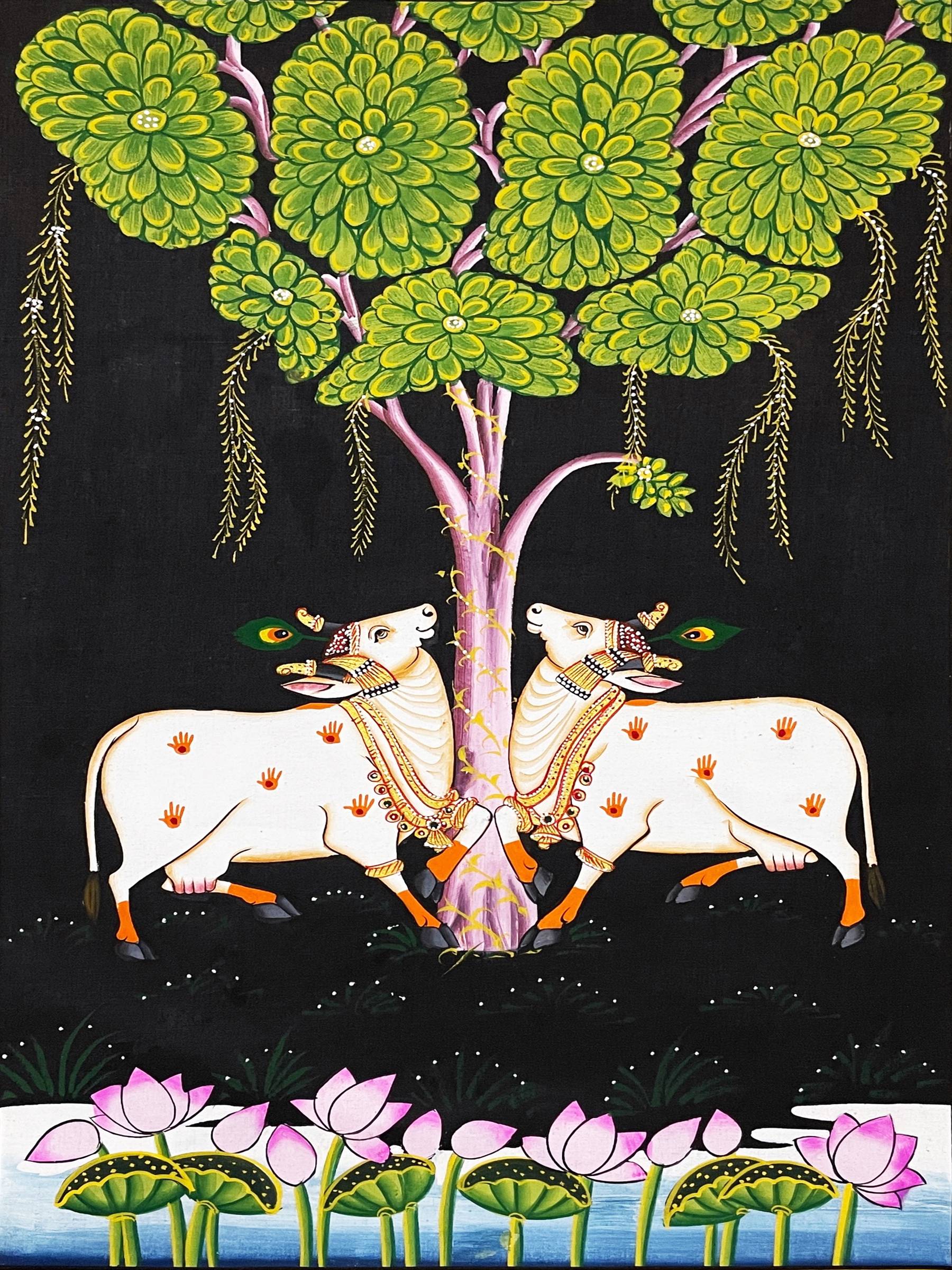 Pichwai Painting Of Cow, Detailed Traditional Indian Pichwai Painting For Home Decor, Wall Decor, Wall Art - Jaipur Earth