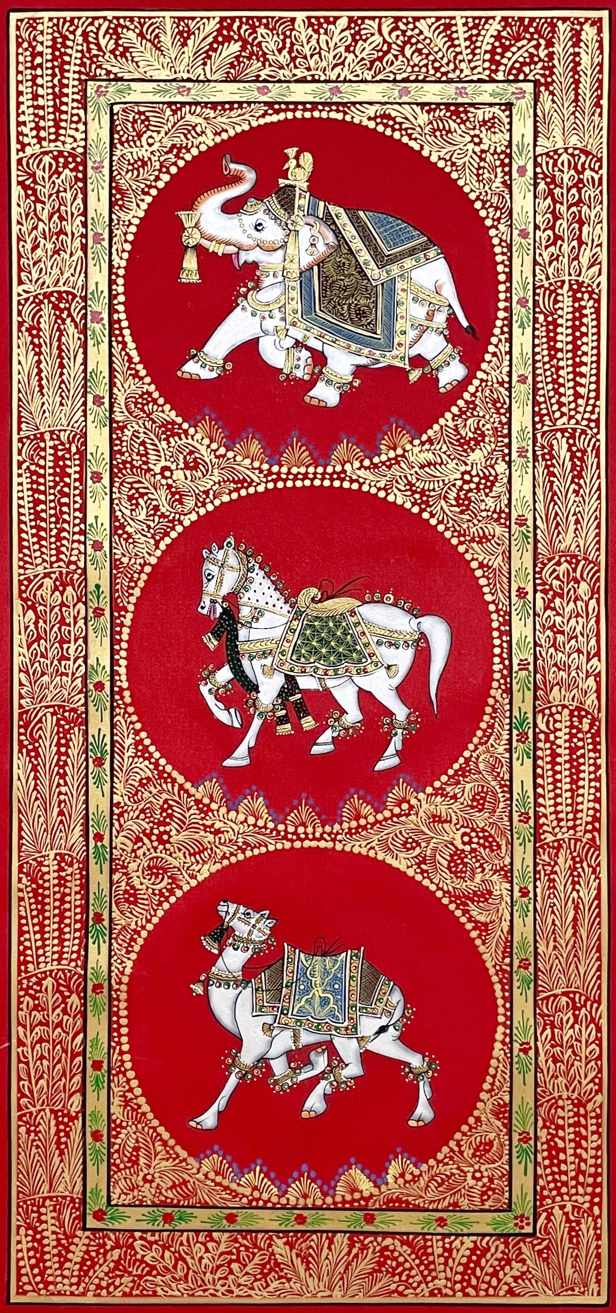 Trio Elephant, Horse, Camel Indian Miniature Wall Art, Set of 2 Traditional Animal Procession Painting On Silk For Home Decor - Jaipur Earth