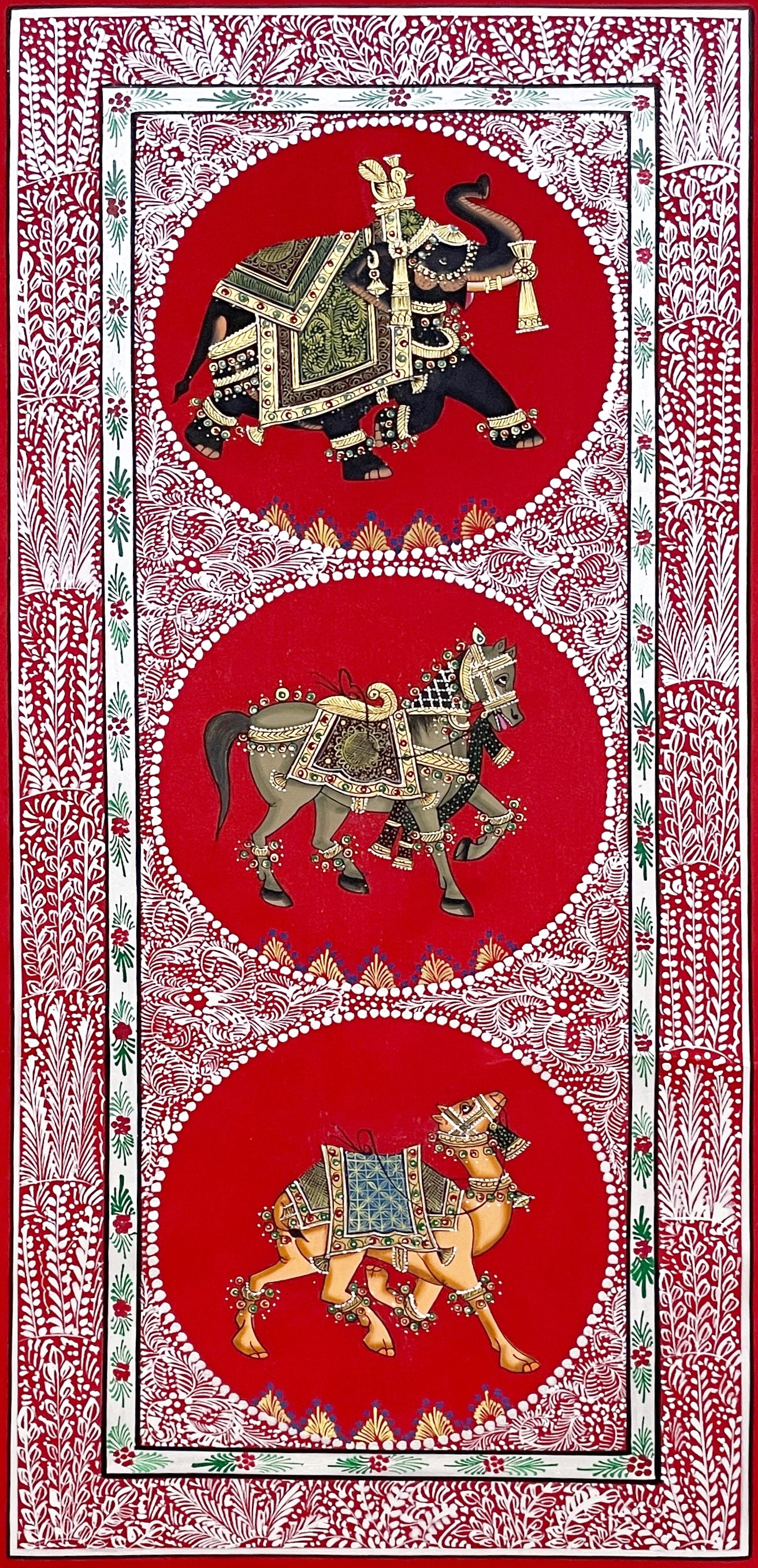 Trio Elephant, Horse, Camel Indian Miniature Wall Art, Set of 2 Traditional Animal Procession Painting On Silk For Home Decor - Jaipur Earth