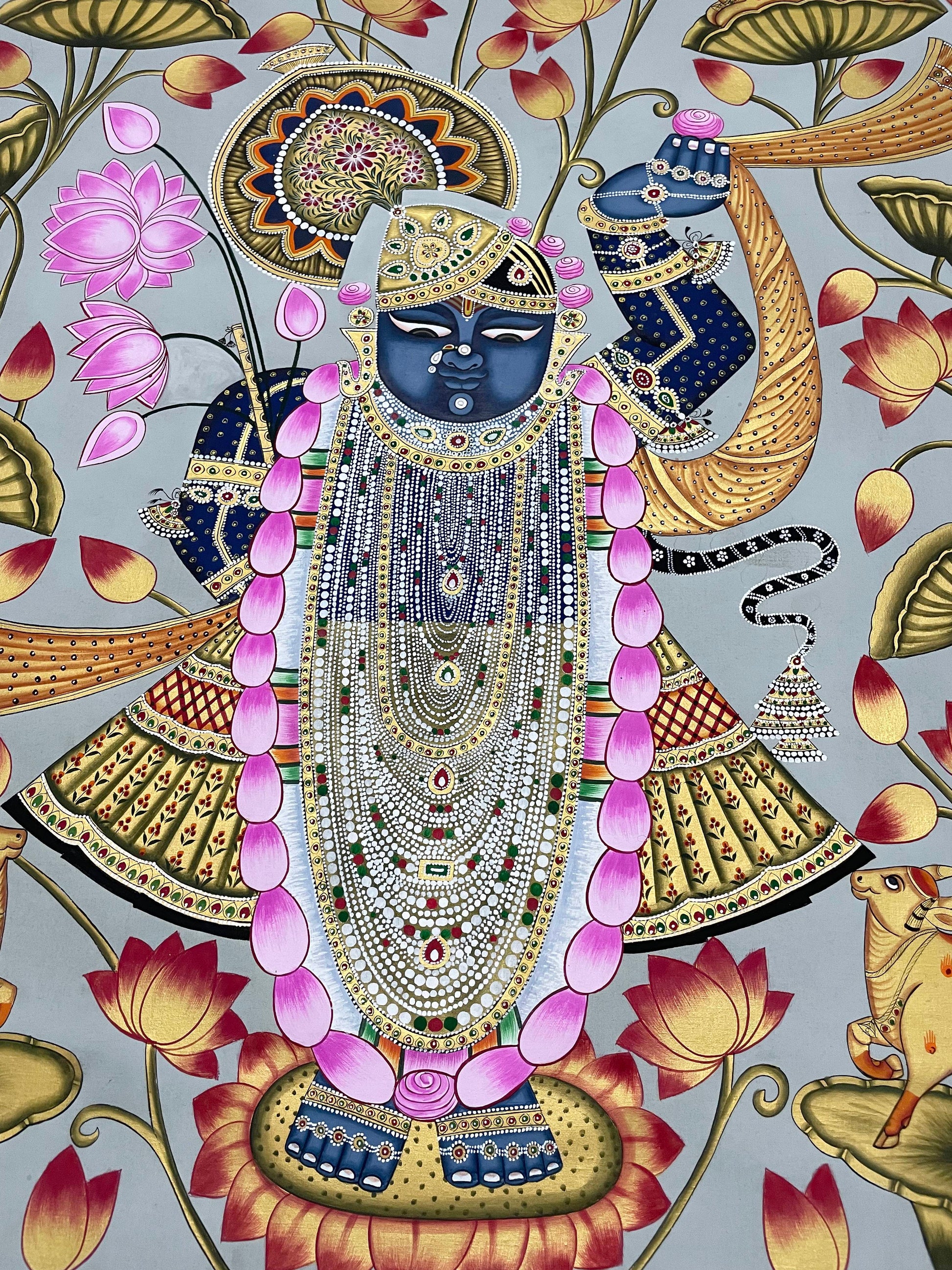 Shrinathji in Lotus Pond - Handmade Pichwai Painting (Unframed/ 5 x 3 feet) - Jaipur Earth