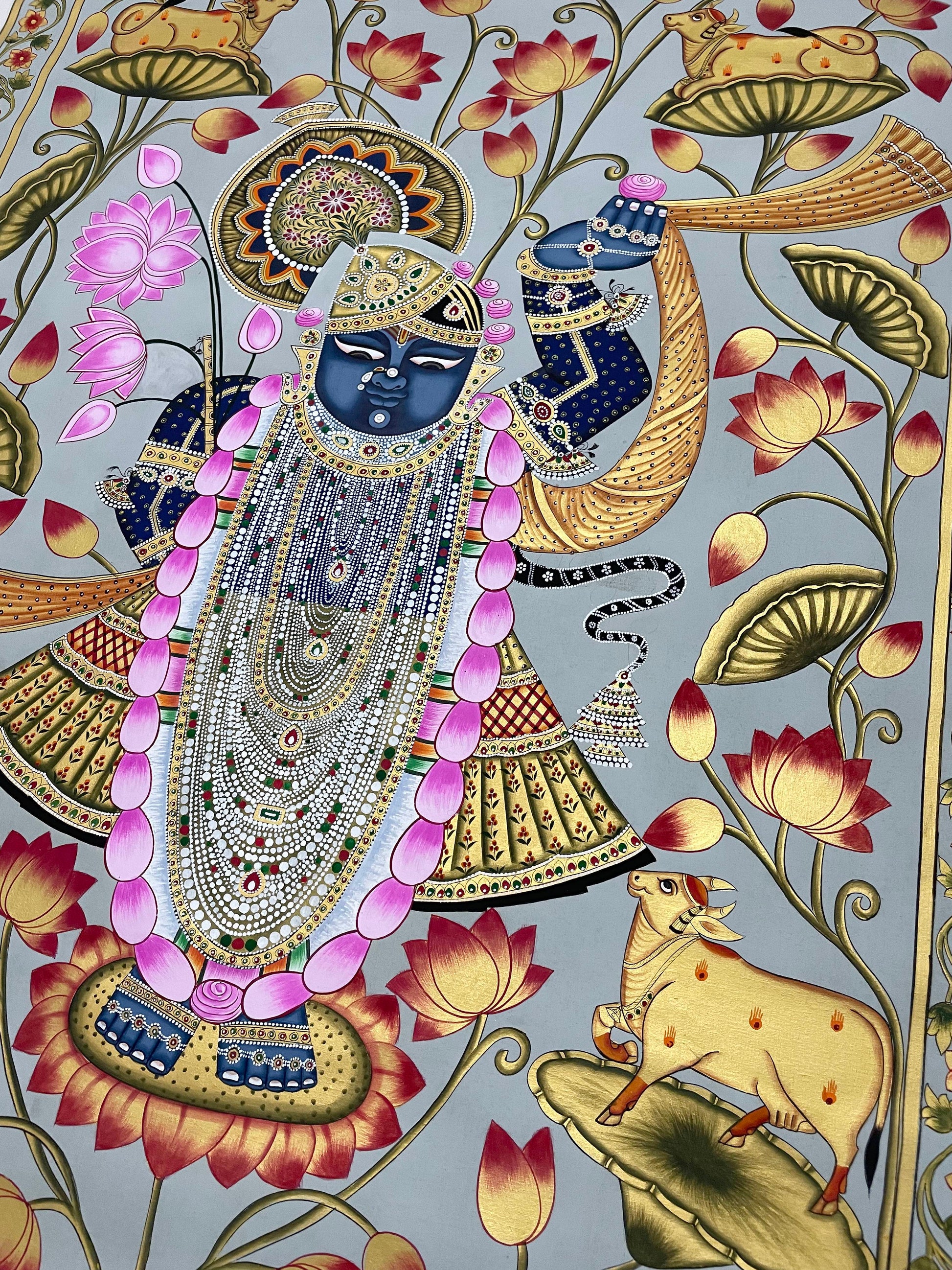 Shrinathji in Lotus Pond - Handmade Pichwai Painting (Unframed/ 5 x 3 feet) - Jaipur Earth