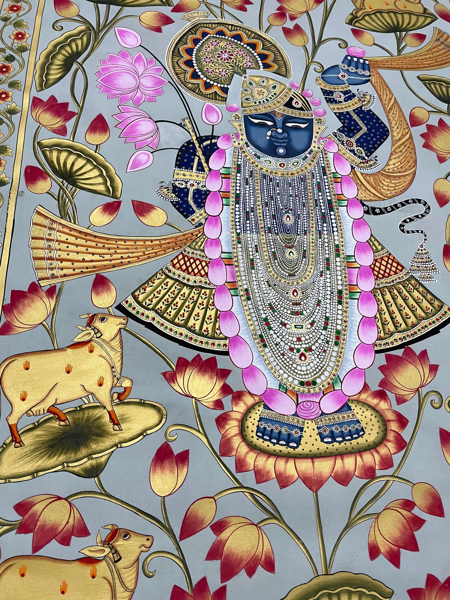 Shrinathji in Lotus Pond - Handmade Pichwai Painting (Unframed/ 5 x 3 feet) - Jaipur Earth