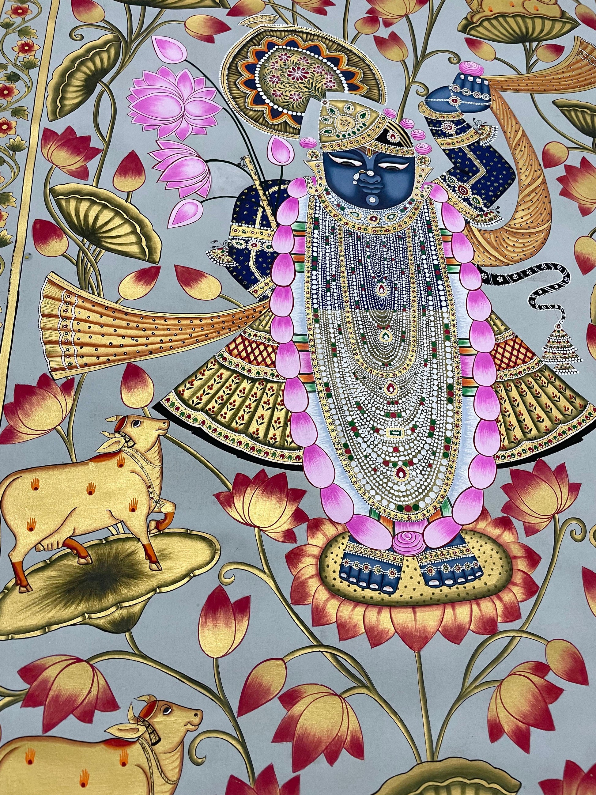 Shrinathji in Lotus Pond - Handmade Pichwai Painting (Unframed/ 5 x 3 feet) - Jaipur Earth