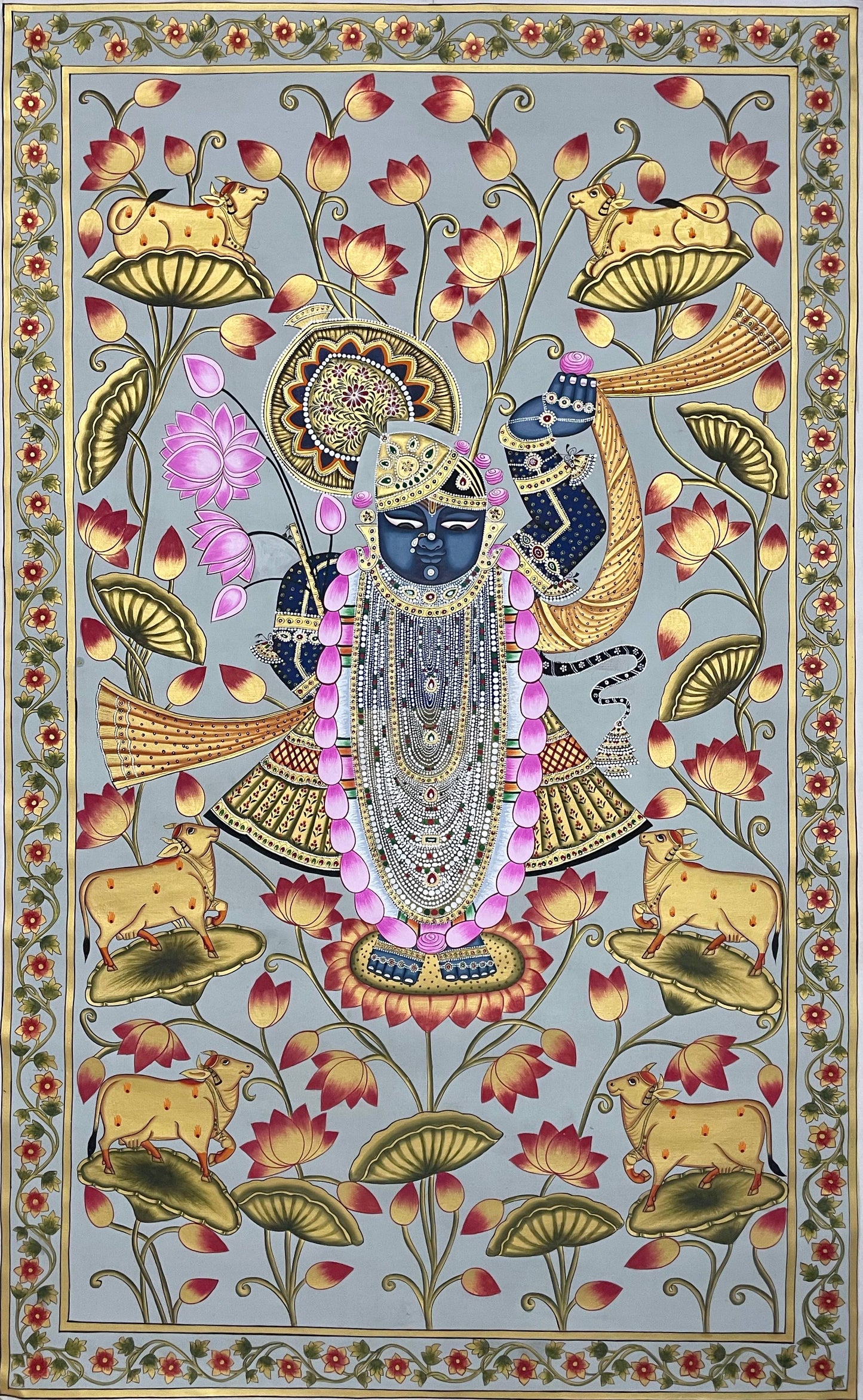 Shrinathji in Lotus Pond - Handmade Pichwai Painting (Unframed/ 5 x 3 feet) - Jaipur Earth