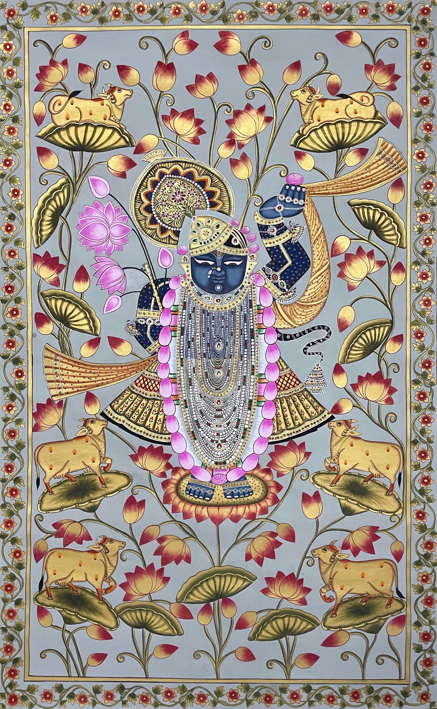 Shrinathji in Lotus Pond - Handmade Pichwai Painting (Unframed/ 5 x 3 feet) - Jaipur Earth