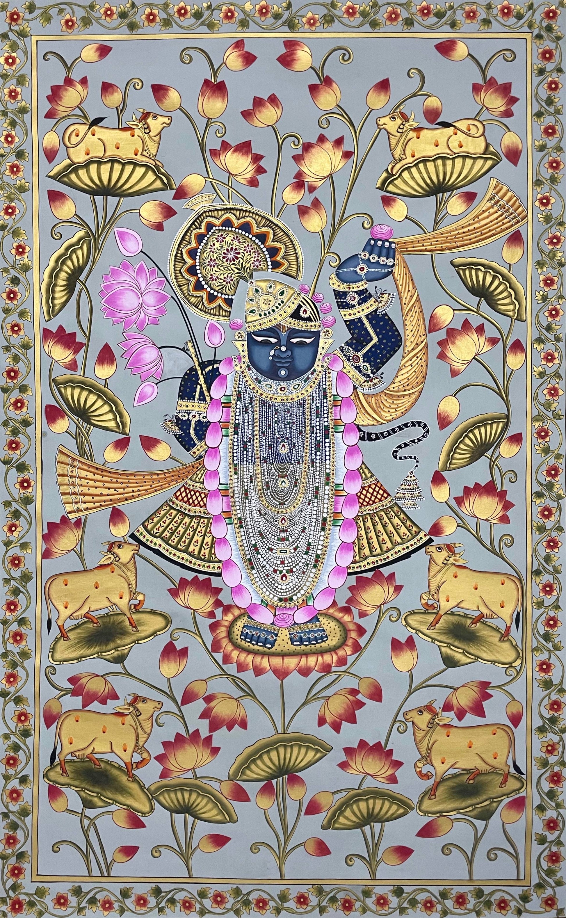 Shrinathji in Lotus Pond - Handmade Pichwai Painting (Unframed/ 5 x 3 feet) - Jaipur Earth