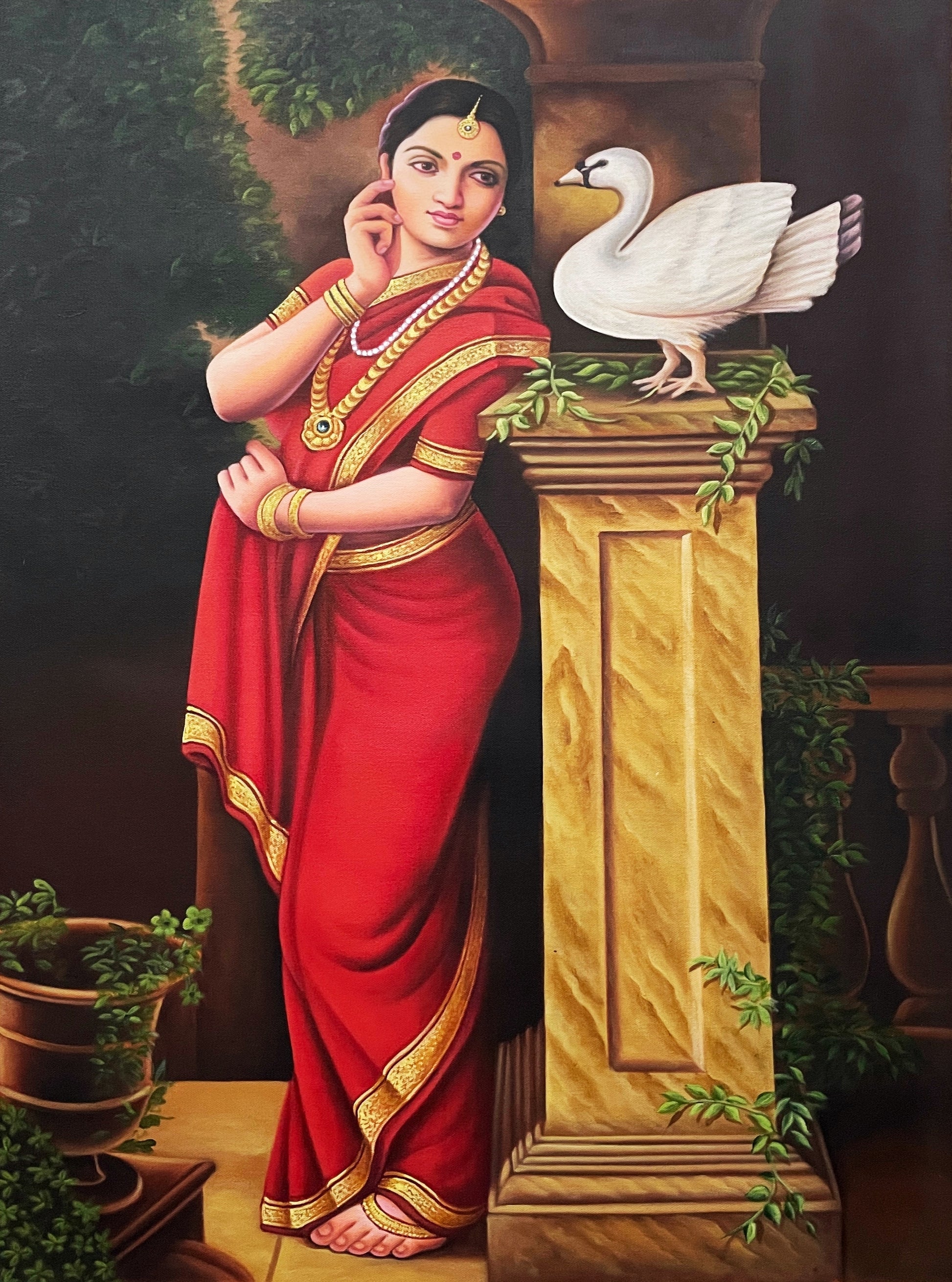 Hand-painted Indian art of woman in red saree with gold accents standing by a swan on a pillar